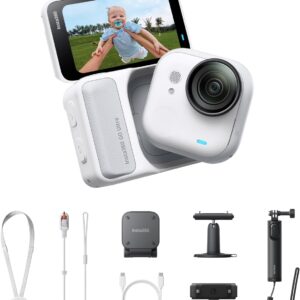 حزمة Insta360 GO Ultra Creator Bundle – كاميرا تدوين فيديو (Vlogging) صغيرة بدقة 4K، للتصوير دون استخدام اليدين ومنظور الشخص الأول (POV)، مزودة بمستشعر 1/1.28 بوصة، بوزن خفيف يبلغ 53 جم، وزاوية رؤية 156°، وعمر بطارية يصل إلى 200 دقيقة، وكاميرا أكشن مغناطيسية قابلة للارتداء للرياضة ويوتيوب.