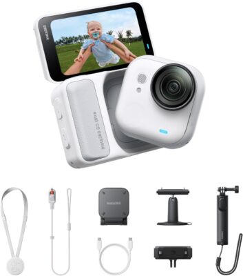 حزمة Insta360 GO Ultra Creator Bundle – كاميرا تدوين فيديو (Vlogging) صغيرة بدقة 4K، للتصوير دون استخدام اليدين ومنظور الشخص الأول (POV)، مزودة بمستشعر 1/1.28 بوصة، بوزن خفيف يبلغ 53 جم، وزاوية رؤية 156°، وعمر بطارية يصل إلى 200 دقيقة، وكاميرا أكشن مغناطيسية قابلة للارتداء للرياضة ويوتيوب.
