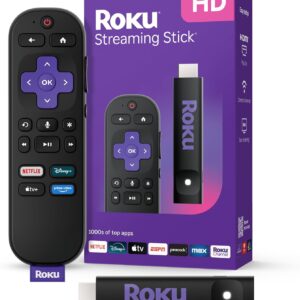 جهاز Roku Streaming Stick HD - جهاز بث عالي الدقة للتلفزيون مع جهاز تحكم عن بعد صوتي من Roku، تلفزيون مجاني ومباشر