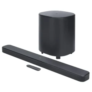 JBL BAR 500MK2 مكبر صوت (ساوند بار) بقنوات 5.1 مع تقنية Dolby Atmos، بقدرة خرج 750 واط، ومضخم صوت لاسلكي مقاس 10 بوصات، وتقنية MultiBeam 3.0، ومنفذ HDMI eARC، واتصال Bluetooth وWi-Fi، ومتوافق مع جميع أجهزة التلفزيون.